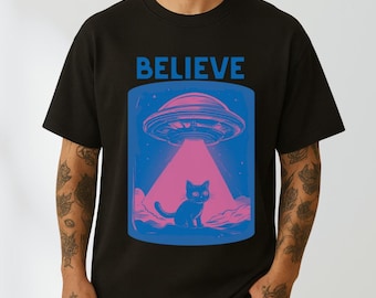 Funny Cat UFO Graphic Shirt, Retro 90s Alien Shirt, Vintage Cat Shirt, Cat Meme Tee, Cat Lovers Shirt, Alien Gift, Relaxed Cotton Shirt