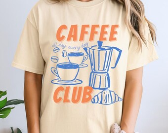 Camiseta del Club del Café, Regalo para Amantes del Café, Camiseta con Gráfico Retro, Camiseta Gourmet, Camiseta Estética, Camiseta con Croissant, Regalo Divertido de Café