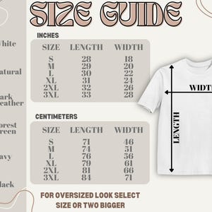May include: Size chart for a t-shirt in inches and centimeters. The chart shows the length and width of the shirt in different sizes, from S to 3XL. The chart also includes a note that for an oversized look, select a size or two bigger.