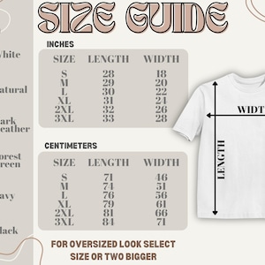 May include: Size chart for a t-shirt in inches and centimetres. The chart shows the length and width of the shirt in different sizes, from S to 3XL. The chart also includes a note that for an oversized look, select a size or two bigger.