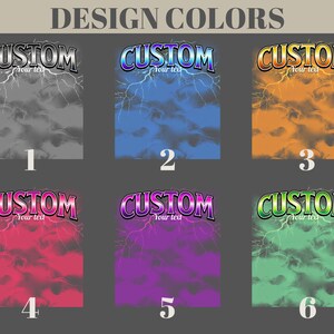 May include: A graphic design chart titled DESIGN COLORS featuring six numbered squares. Each square displays the word CUSTOM in a metallic font, the text Your text, and a lightning bolt pattern over a solid background in gray, blue, orange, pink, purple, or green.