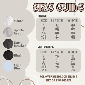 May include: A size guide graphic with the text "SIZE GUIDE" in a decorative font. It includes size charts in inches and centimeters for various sizes, from S to 3XL, detailing length and width measurements. Color swatches are also shown.