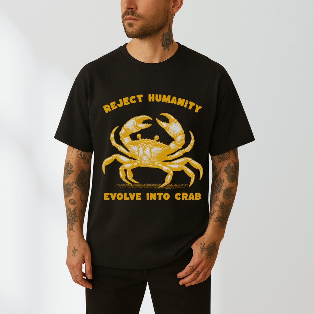 人類を拒絶し、カニに進化せよTシャツ、ホラーカニTシャツ、日本の