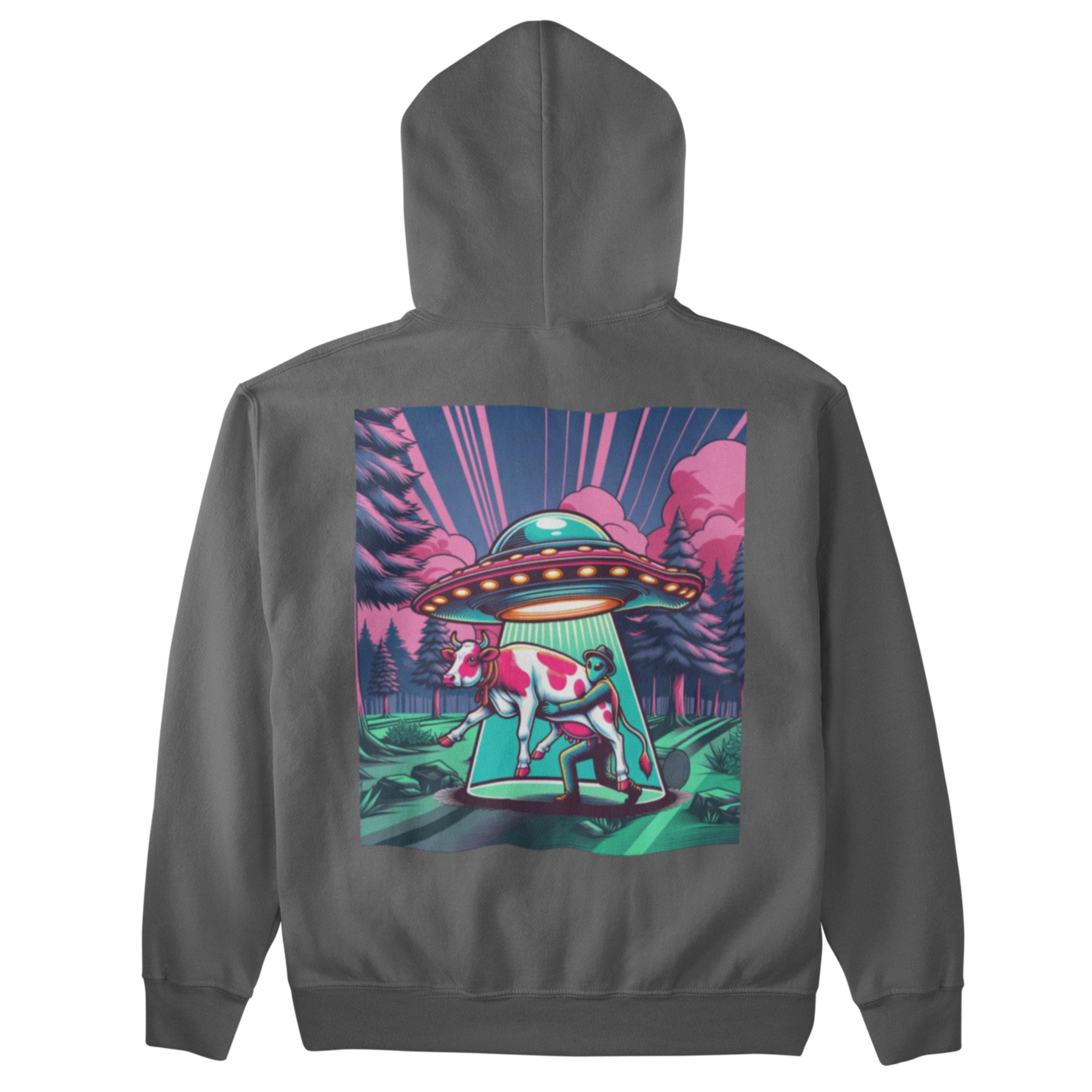 UFO Cow Abduction Hoodie, Alien Graphic Hoodie, Funny Vintage UFO 