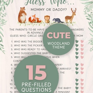 Woodland Baby Shower Guess Who Game Printable | Mom or Dad Quiz PDF | Forest Animal Gender Neutral Baby Shower Game
