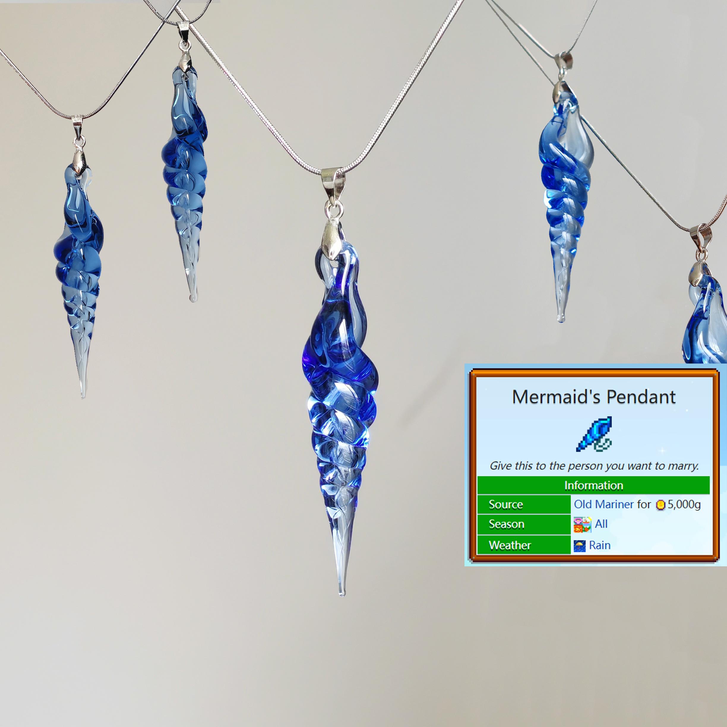 Stardew Valley Mermaid Pendant-Inspired Blue Seaside Necklace | Original Glass Pendant | Transparent Conch Pendant|Ocean Memorial Gift