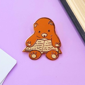Bookish Baby Bear Reading Pin | cute gifts for readers | gifts for book lovers | gifts for students | bag decor | bookish hard enamel pin