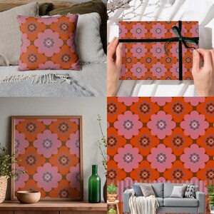 Retro Floral Seamless Pattern Digital Download, Pink Orange Wallpaper Design, Gift Wrap & Pillow Print