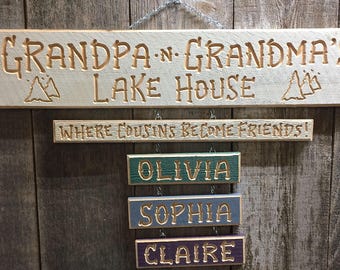 GRANDKIDS GRANDCHILDREN GRANDPA Lake House Cabin Wood Personalized Name (Sign  24-30" long)(88+ dollars)  Optional 9 dollar add-on names