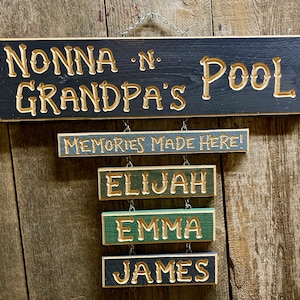 GRANDMA PAPA POOL Sign Carved Wood Personalized Grandkids Cabin 88 dollars  for base sign  (Grandkid names 9 dollars each)