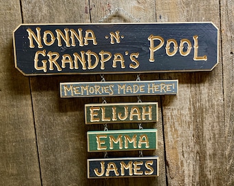 GRANDMA PAPA POOL Sign Carved Wood Personalized Grandkids Cabin 88 dollars  for base sign  (Grandkid names 9 dollars each)