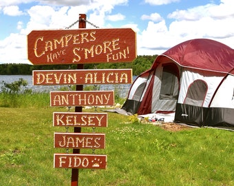 CAMPING  S'mores  CAMPER Portable  Personalized Wood Carved Sign (58 dollars)  Optional(Add-on names are 8 dollars each): Hang on a post
