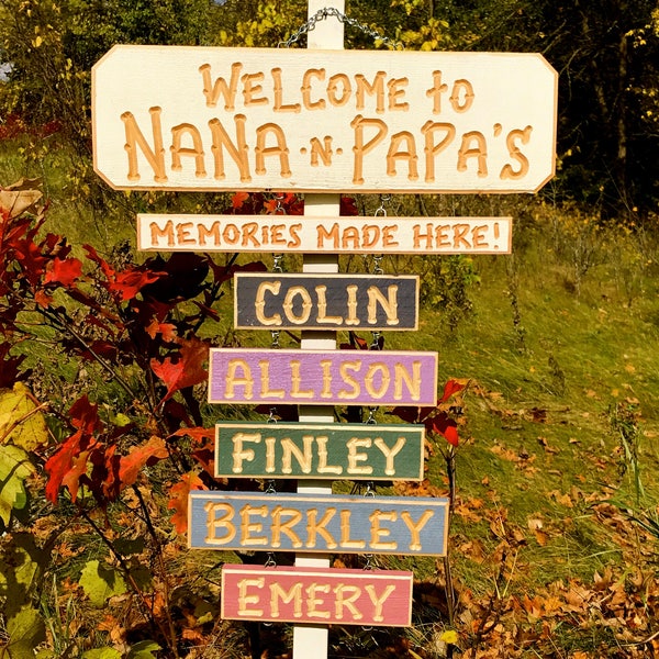 NANA PAPA GRANDPA Grandma Grandchildren Carved signs (78 Dollars)  Includes  Memories sign)  Grandkid names are (9 dollars each)