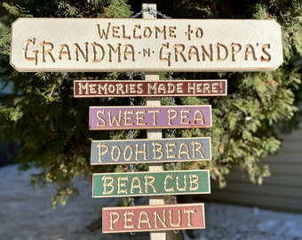 GRANDKIDS GRANDCHILDREN GRANDPA Family House Cabin Wood Personalized Name (Sign  24-30" long)(88+ dollars)  Optional 9 dollar add-on names
