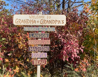GRANDPA GRANDMA PAPAW Mamaw Grandchildren Carved signs (88 Dollars)  Includes  Memories sign)  Grandkid names (9 dollars each) 24-28 in long