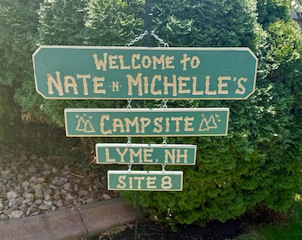 CAMPER, CAMPING,RV Campsite personalized carved wood sign set.(88 dollars) Hang it on a post! 5 1/2 inches wide 18-25" long