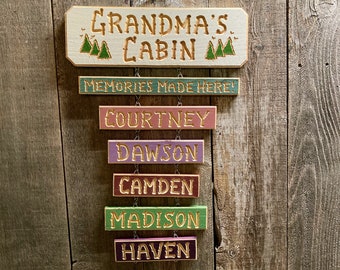 GRANDPA GRANDMA CARVED  Wood Sign Cabin  Personalized (78 dollars ) 5 1/2 inches wide x 24 long-M/M/Here sign Add-on Grkids 9 dollars each
