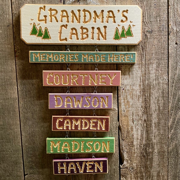GRANDPA GRANDMA CARVED  Wood Sign Cabin  Personalized (78 dollars ) 5 1/2 inches wide x 24 long-M/M/Here sign Add-on Grkids 9 dollars each