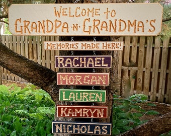 GRANDPA GRANDMA PAPAW Mamaw Grandchildren Carved signs (88 Dollars)  Includes  Memories sign)  Grandkid names (9 dollars each) 24-28 in long