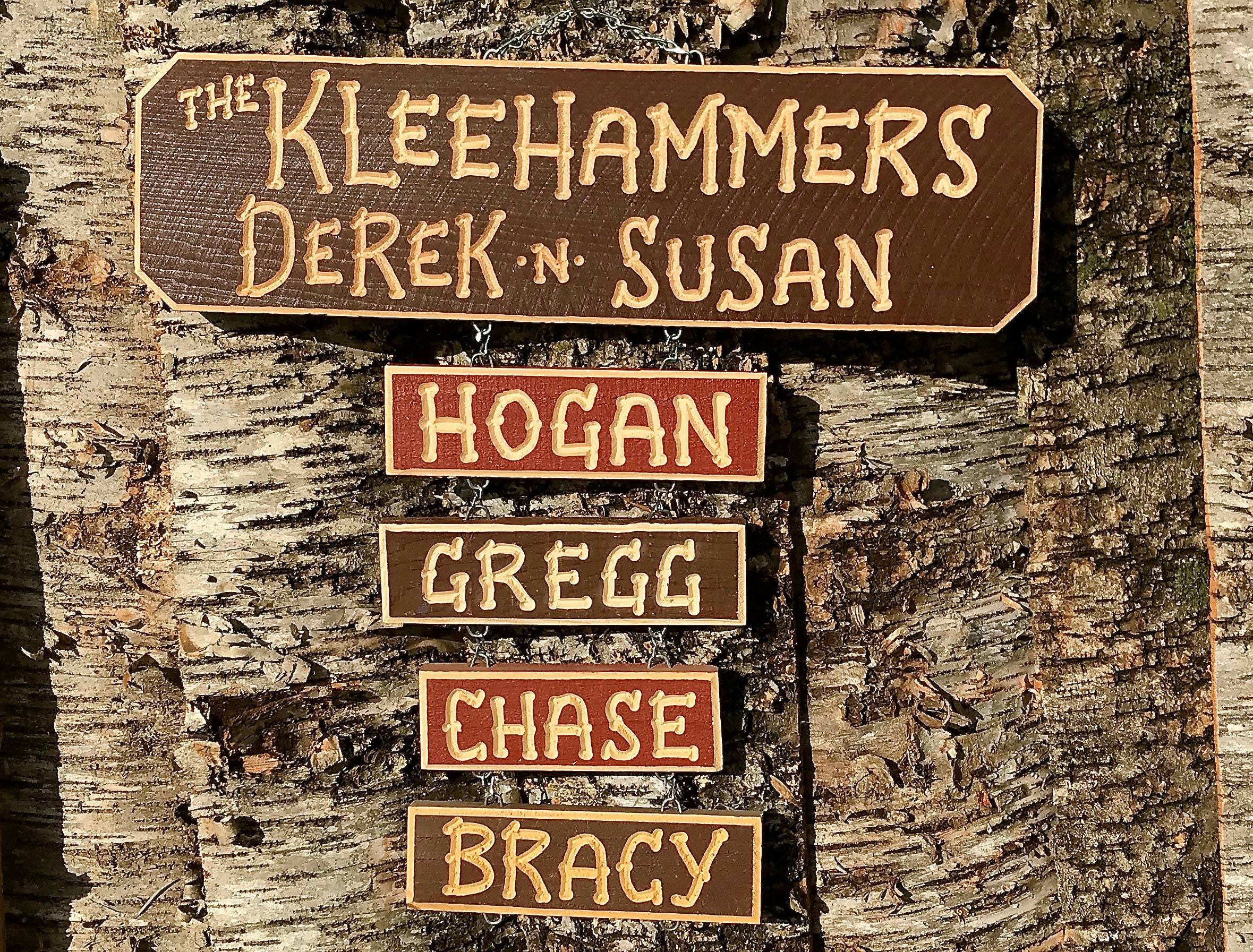 CARVED FAMILY SIGN Cabin Camping Rv House Business Name  (5 1/2 x 18) 78 Dollars Add-on names are 8 dollars each