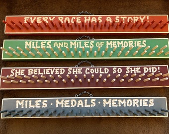 SPORTS MEDAL HOLDERS Running Personalized  Wood  Carved  Name Sign 3 x about 10-22 inches 40-50 pegs  65 Dollars Free postage