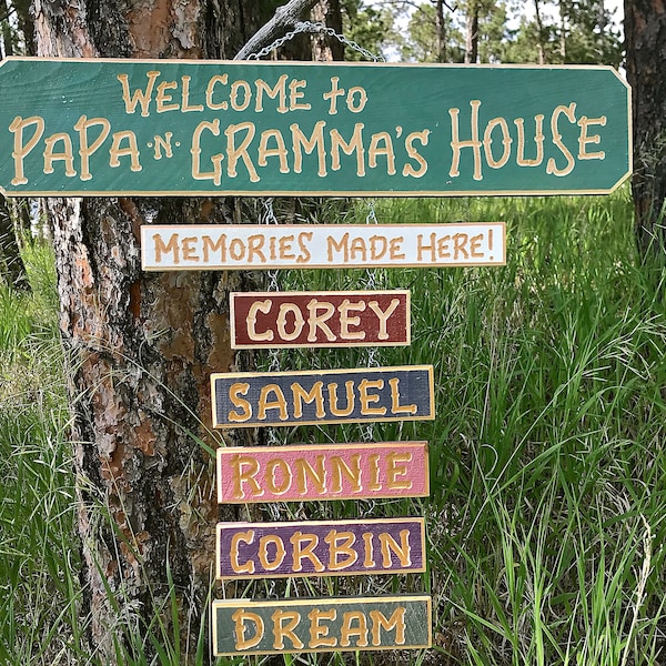 GRANDPA GRANDMA CARVED  Wood Sign Cabin  Personalized (88 dollars ) 5 1/2 inches wide x 24-30" long-memories Sign Add-on Grkids 9 dollars