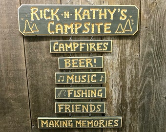 CAMPER, CAMPING,RV Campsite personalized carved wood sign set. Hang it on a post! 5 1/2 inches wide 18-25" long