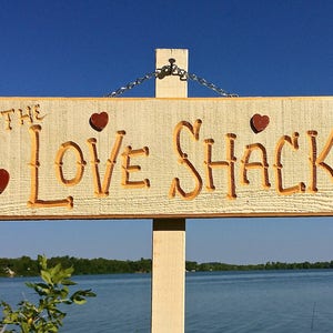 Carved LOVE SHACK Sign Wood Cabin 5 1/2 wide 18 inches long 68 dollars