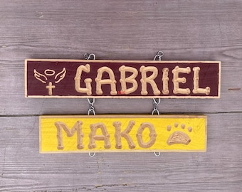 MEMORIAL CARVED Wood NAMES Children Grandchildren Pets Dogs Cats Paw Cross Angel Wings 2 sizes