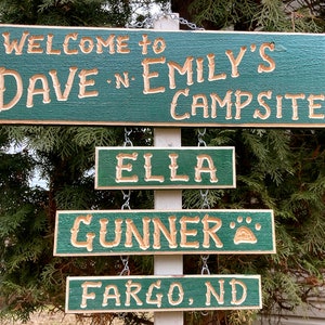 CAMPER, CAMPING,RV Campsite personalized carved wood sign set.(78 dollars) Hang it on a post! 5 1/2 inches wide 18-25&quot; long