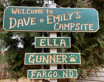 CAMPER, CAMPING,RV Campsite personalized carved wood sign set.(78 dollars) Hang it on a post! 5 1/2 inches wide 18-25" long