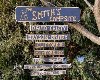 CAMPER, CAMPING,RV Campsite personalized carved wood sign set. Hang it on a post! 5 1/2 inches wide 18-20&quot; (78 dollars) +   Free Postage