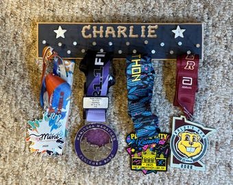 SPORTS MEDAL Display HOLDERS Personalized  Wood  Carved 2 7/8 x about 20 inches