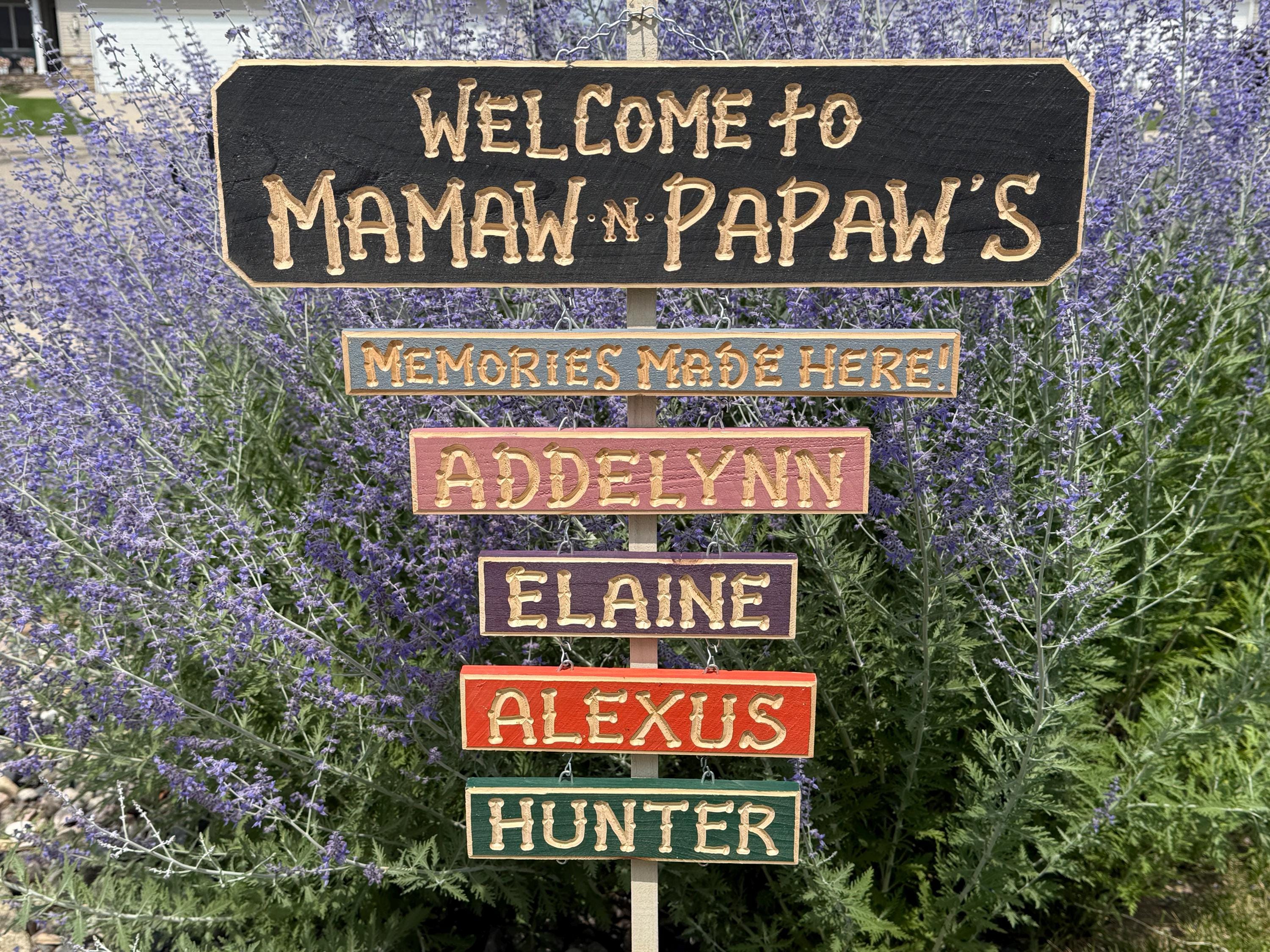 NANA PAPA GRANDPA Grandma Grandchildren Carved signs (88 Dollars)  Includes  Memories sign)  Grandkid names are (9 dollars each)