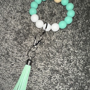 Custom Beaded Keychain Wristlet Mint and White