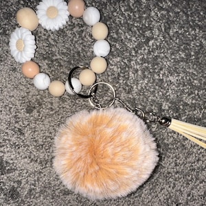 Custom Beaded Keychain Wristlet White and Beige with Sunflowers