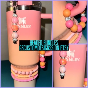 Custom Beaded Accessories Bundle with Straw Charm, Cup Handle Charm and Bracelet Stack Trio Pink Mesa Sunset Theme