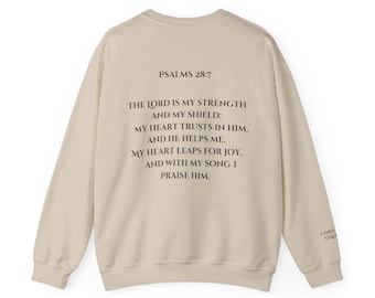 Psalm 28:7, werset biblijny, bluza z okrągłym dekoltem, chrześcijańska bluza z kapturem, krzyż dobroci Boga, bluza z okrągłym dekoltem z wiarą w Boga, odzież chrześcijańska