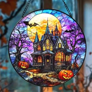 Halloween Stained Glass Suncatcher, Spooky Pumpkin Window Hanging, Halloween Suncatcher, Haunted House Halloween Decor, Spooky Season Gift