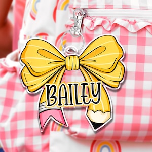 Personalized Kids Name Bag Tag, Coquette Girls Backpack Name Tag, Cute Pencil Bow Name Keychain for Girls, Diaper Bag Tag, Lunchbox Name Tag