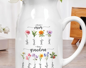 Grandma Flower Vase, First Mom Now Grandma, Grandma Gift, Custom Birth Flower Vase for Grandma, Mothers Day Gift, Grandma's Garden Vase