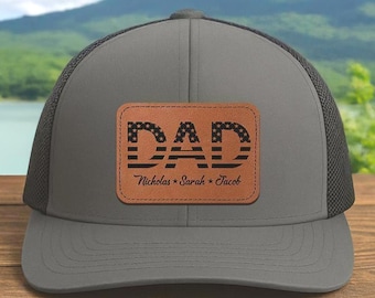 Custom Kids Name Dad Hat, Fathers Day Gift for Dad, Leather Patch Dad Hat, Dad Trucker Hat, Custom Dad Cap, Dad Gift from Kids, New Dad Gift