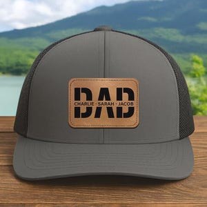 Personalized Dad Hat with Kids Names, Father&#39;s Day Gift, Custom Dad Trucker Hat, New Dad Gift from Kids, Leather Patch Dad Hat, Daddy Gift