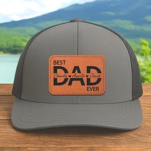 Personalized Dad Hat with Kids Names, Father&#39;s Day Gift, Custom Dad Trucker Hat, New Dad Gift from Kids, Leather Patch Dad Hat, Daddy Gift