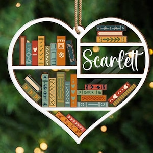 Bookstack Ornament, Heart Bookcase Ornament, Personalized Bookshelf Ornament, Book Lover Ornament, Librarian Gift, Bookworm Christmas Gift