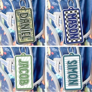 Backpack Name Tag for Boys, Camo Print Boy Name Keychain, Diaper Bag Tag Boy, Custom Checkered Name Tag, Boys Bag Charm, Lunchbox Name Label