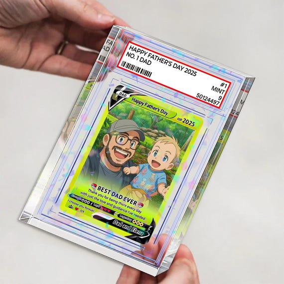 Custom ANIME PHOTO Fathers Day Acrylic Plaque, Fathers Day Gift from Kids, Dad Gift Trading Card Style, New Dad Gift, Gamer Dad Husband Gift