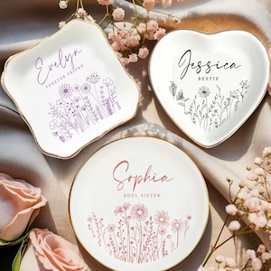 Best Friend Gift, Personalized Bestie Jewelry Dish, Custom Name Wildflower Ring Dish, Soul Sister Gift, BFF Birthday Gifts, Friendship Gift
