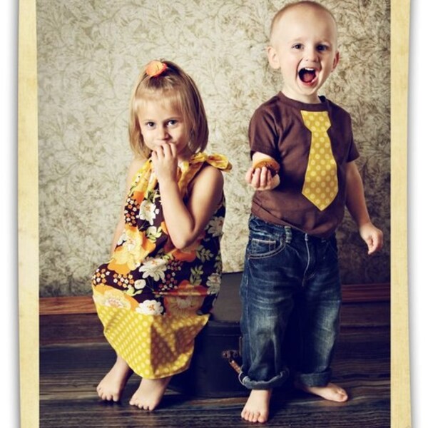 Matching Brother Sister Set: Tie Shirt and Pillowcase Dress in Harvest Flowers