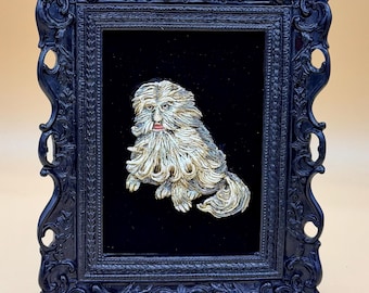 Medieval dog painting, polymer clay mixed media art, 10" black frame weird art